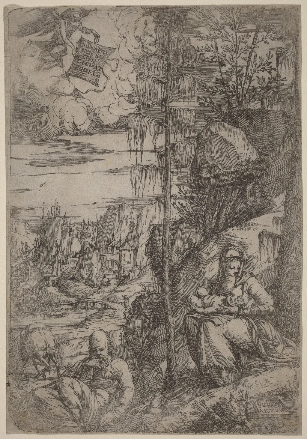 Landscape with the Rest on the Flight into Egypt, by Sebastiano de Valentinis, ink, 1544