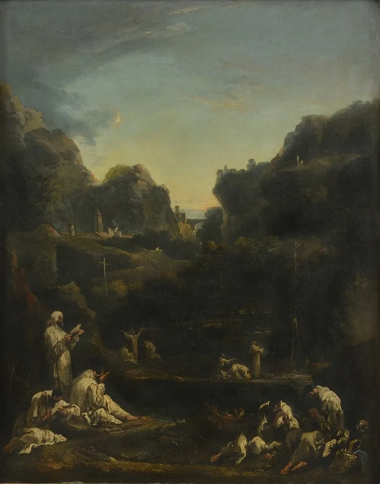 Mountainous Landscape with Groups of Monks, by Sebastiano Ricci, oil, 1706