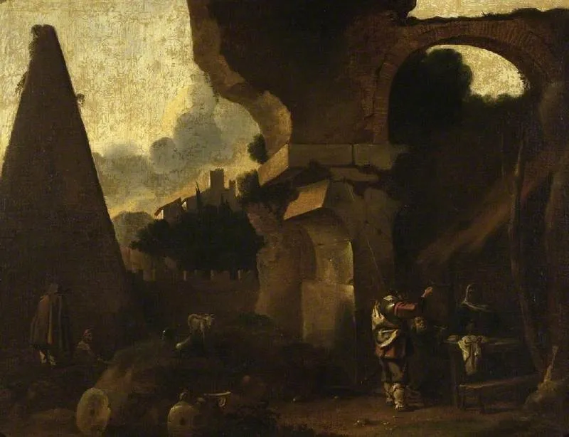 Classical ruins with figures, by Sébastien Bourdon, oil, 1635