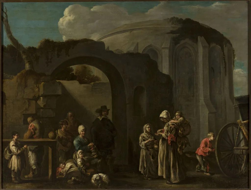 Family of beggars among ruins, by Sébastien Bourdon, oil, 1653