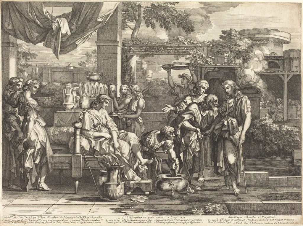 Hospitio exipere advenas, by Sébastien Bourdon, ink, 1668
