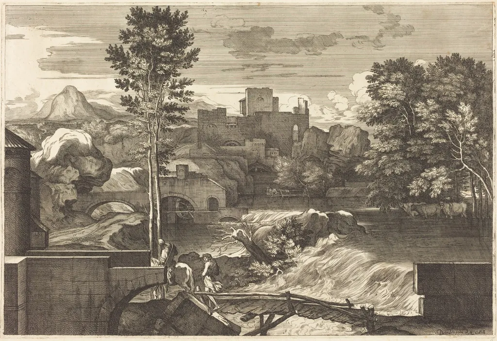 Landscape with Two Figures on a Bridge, by Sébastien Bourdon, ink, 1644