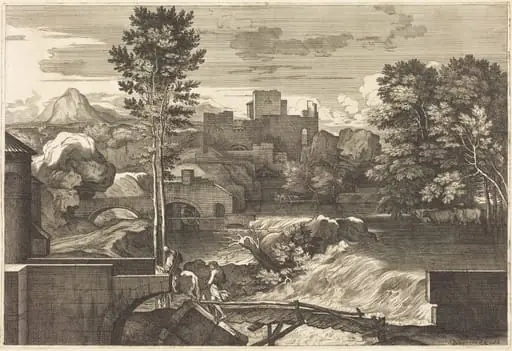 Landscape with Two Figures on a Bridge, by Sébastien Bourdon