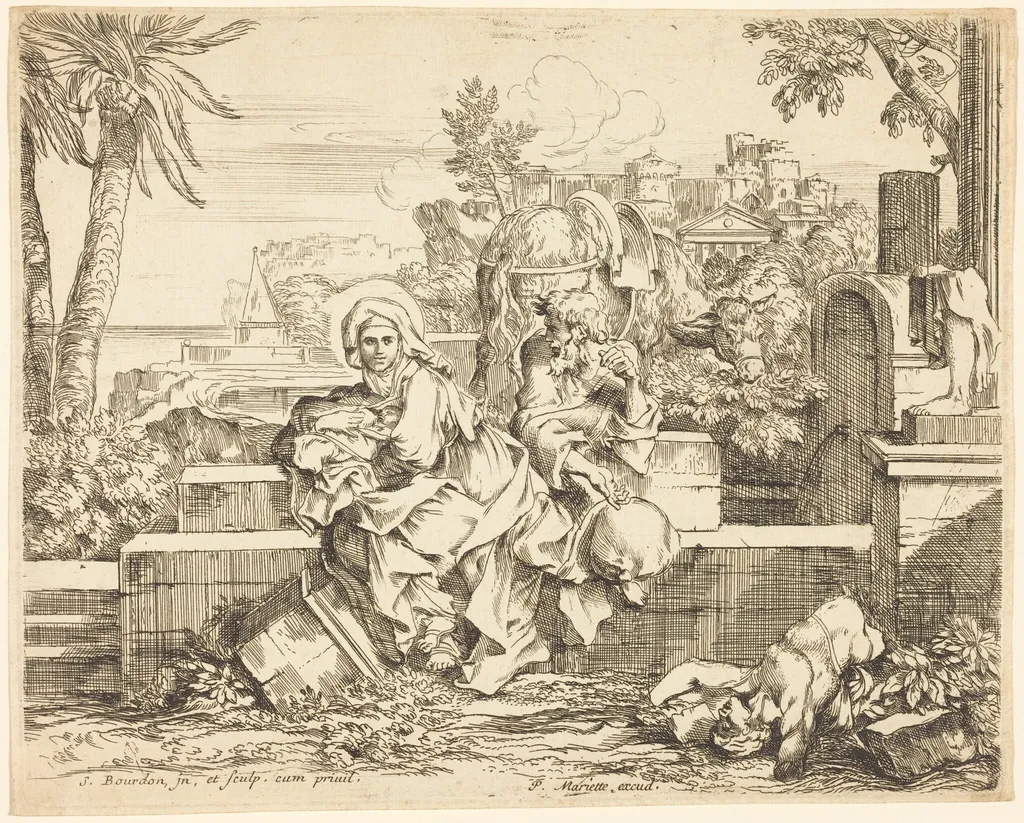 Rest on the Flight into Egypt, by Sébastien Bourdon, ink, 1650