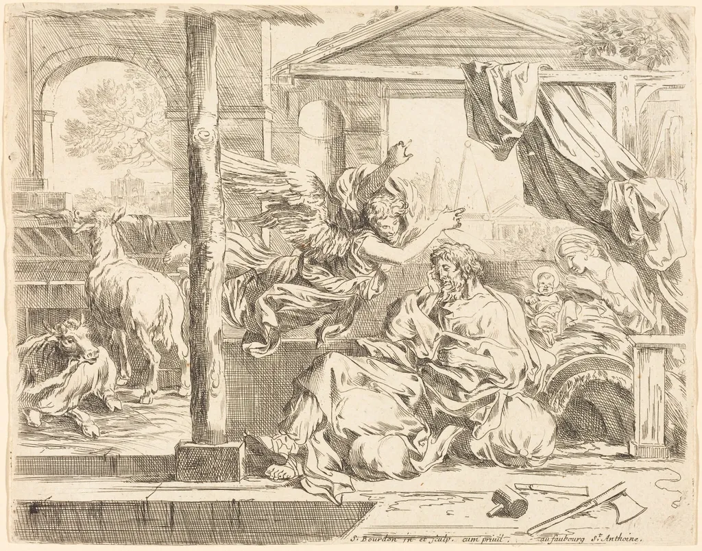 The Dream of Saint Joseph, by Sébastien Bourdon, ink, 1655