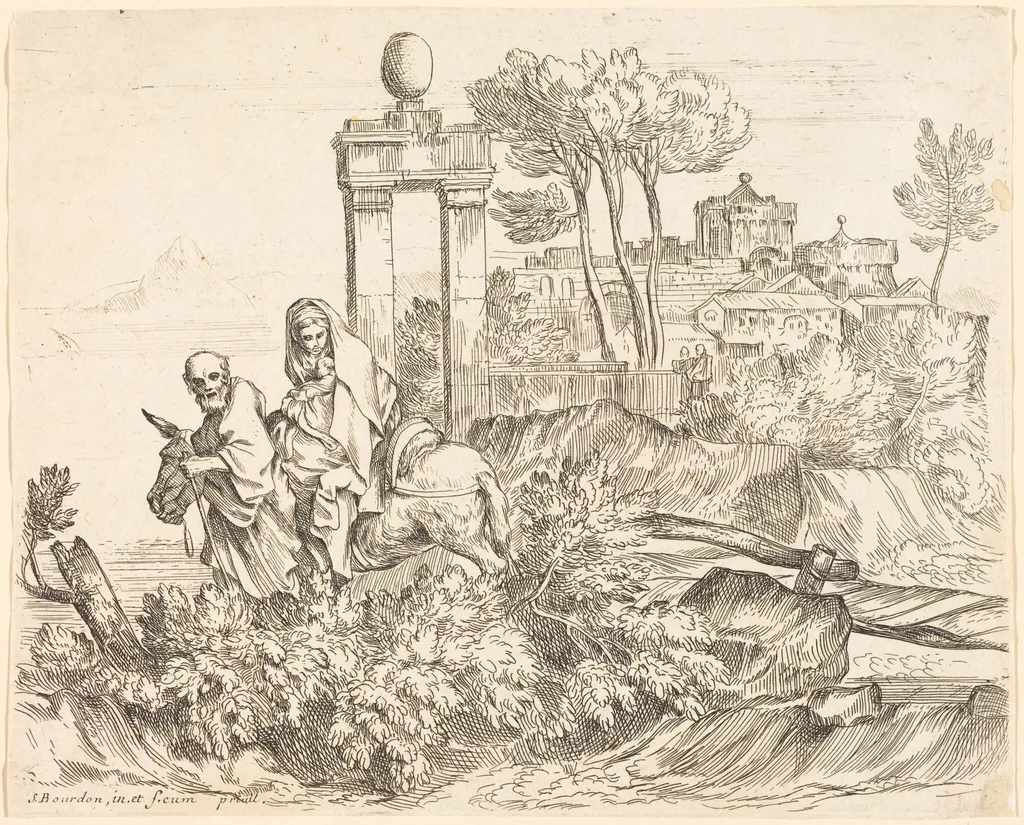 The Flight into Egypt, by Sébastien Bourdon, ink, 1644