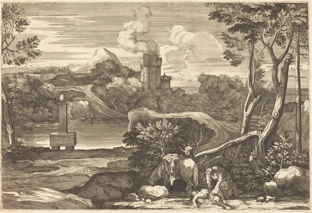 The Samaritan Pours Oil and Wine in the Wounds of a Man Left for Dead, by Sébastien Bourdon, ink, 1644