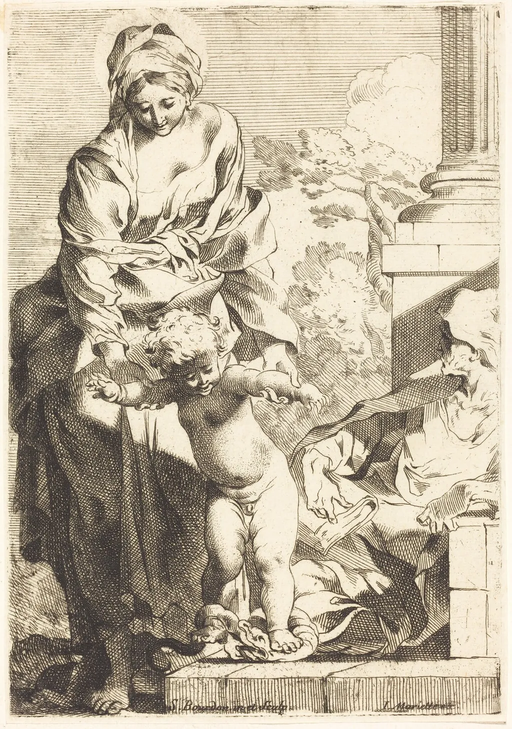 Virgin and Child Trampling on Sin, by Sébastien Bourdon, ink, 1644