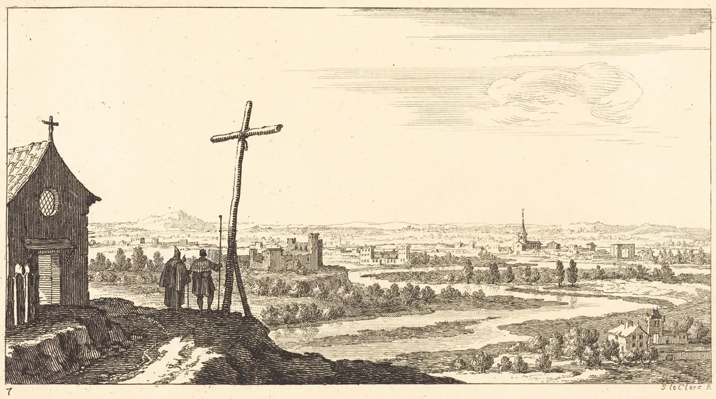 Landscape with Church and Town in Distance, by Sébastien Le Clerc I, ink, 1673