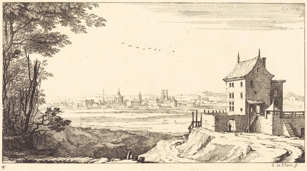 Landscape with City in Distance, by Sébastien Le Clerc I, ink, 1673