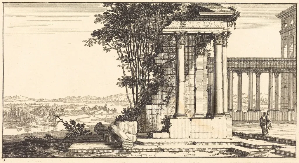 Landscape with Classical Ruins, by Sébastien Le Clerc I, ink, 1673