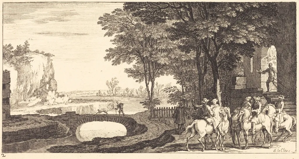 Landscape with Horsemen and Bridge, by Sébastien Le Clerc I, ink, 1673