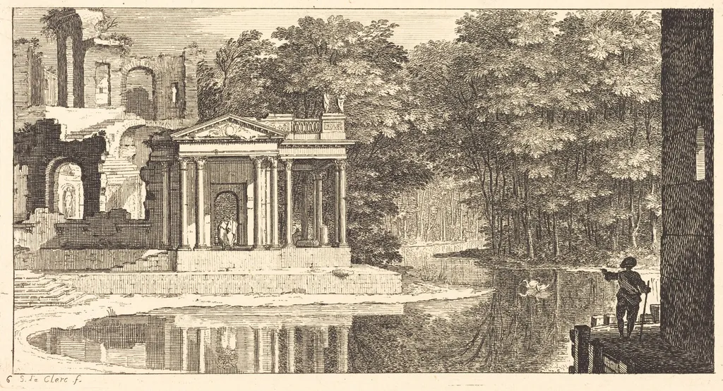 Landscape with Temple Ruins and Pond, by Sébastien Le Clerc I, ink, 1673