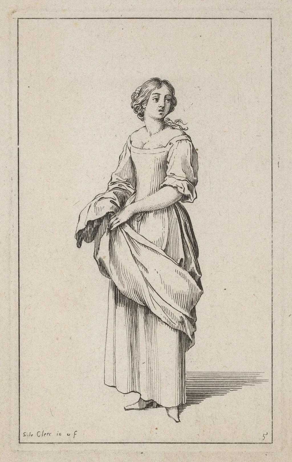 Standing Young Peasant Woman, by Sébastien Le Clerc I, ink, 1685