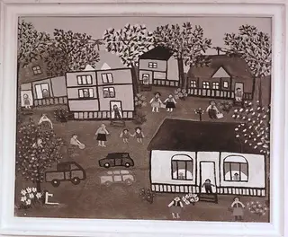 Sequences from the Village Museum, naive painting by Aurora Năfornițe - New houses (1988)