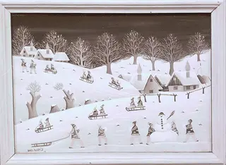 Sequences from the Village Museum, naive painting by Petru Mihuțe - Children at sling (1988)
