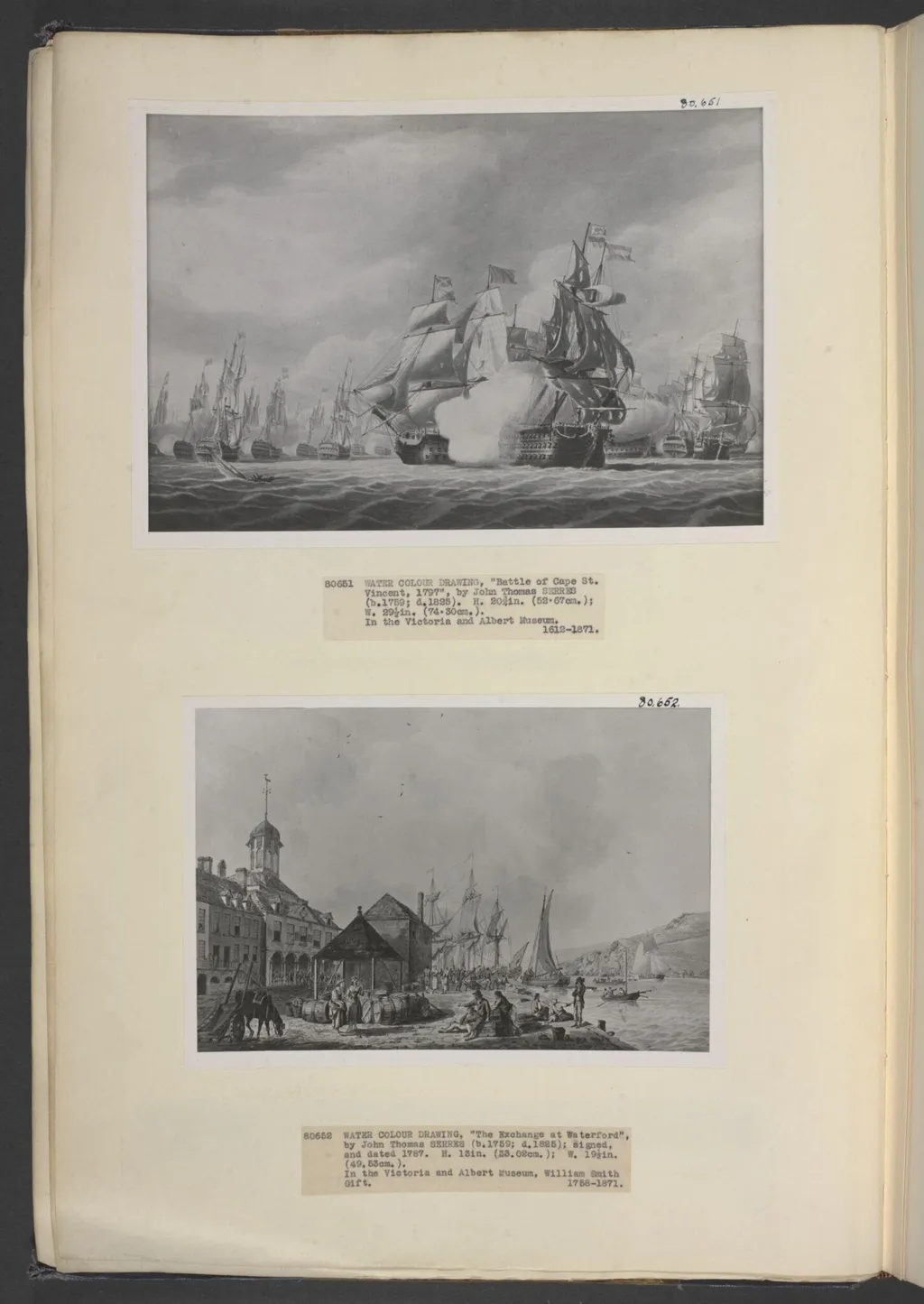 Battle of Cape St. Vincent, Sir John Jervis raking the Spanish Vice-Admiral's ship, by Serres, watercolor, 1797