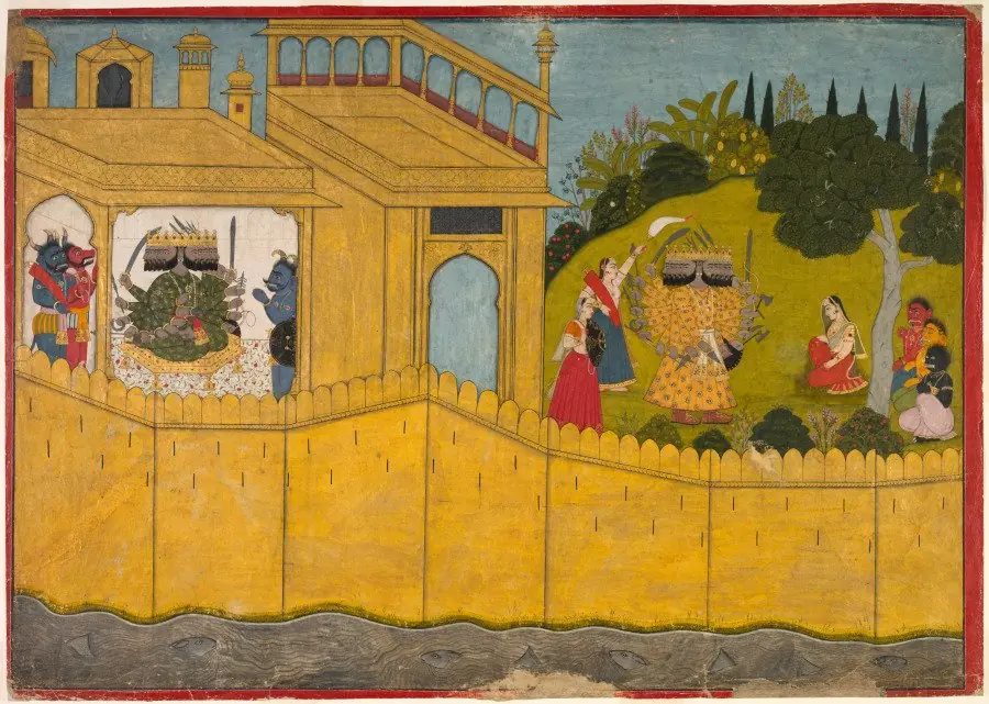 Ravana addresses Sita in the garden of Lanka, from Chapters 53 and 54 of the Aranya Kanda (Book of the Forest) of a Ramayana (Rama’s Journey), by Seu Family, 1725