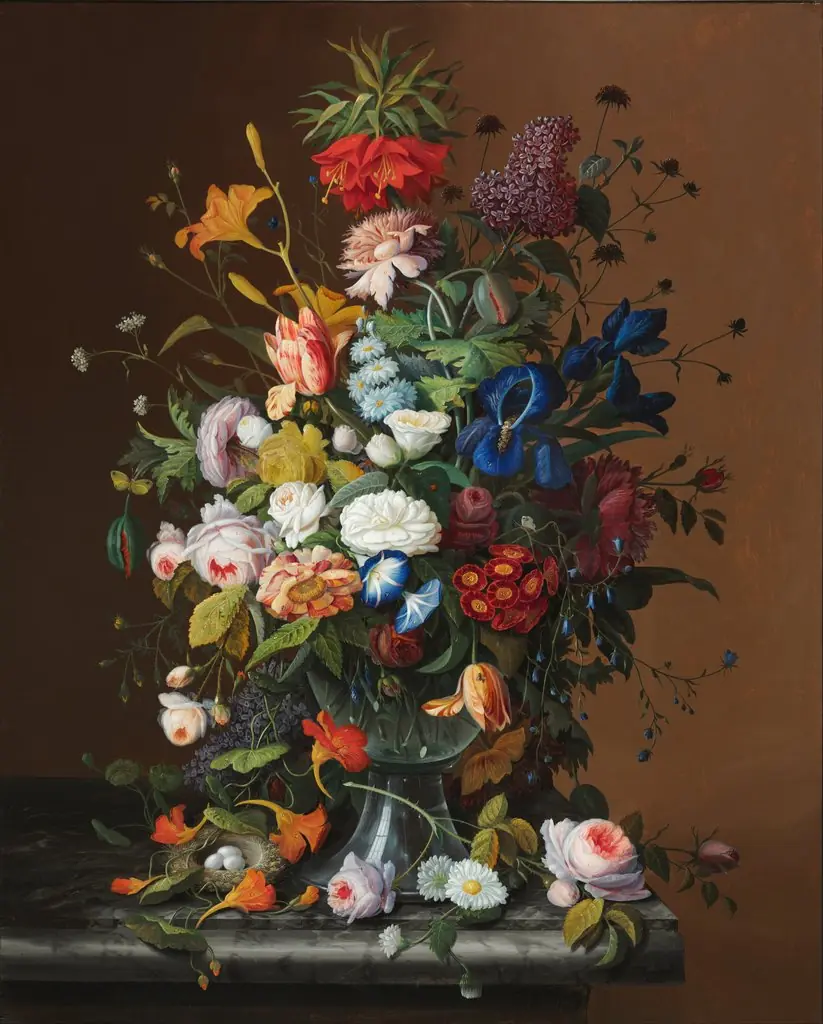 Flower Still Life with Bird's Nest, by Severin Roesen