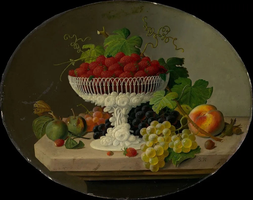Still Life with Strawberries in a Compote, by Severin Roesen, oil, 1868