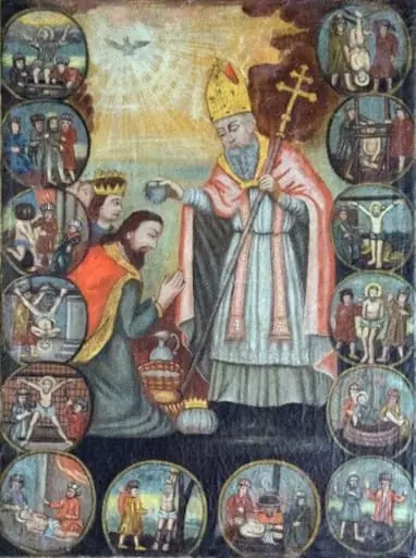 Sfântul Grigore Iluminatorul botezând regele Tiridates (cu scenele torturării sfântului)