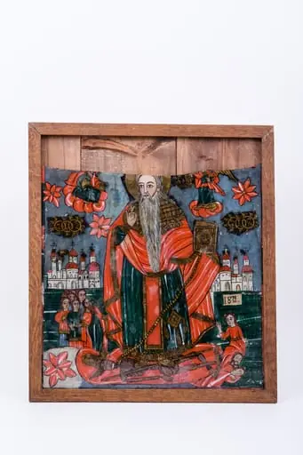 Sfântul Mare Mucenic Haralambie, făcător-de-minuni și vindecător de boli, este cel mai bătrân mucenic din cei prăznuiți de creștini. Este cunoscut ca și făcător-de-minuni, vindecător de boli și ocrotitor al caselor familiilor creștine. Central este pictat Sfântul, îmbrăcat cu veșminte liturgice, arhierești, cu sacos verde-turcoaz, mantie și epitrahil roșu vermillon, omofor cu broderie bronzie, cu mithră și aureolă. Cu mâna dreaptă binecuvântează și cu mâna stângă ține în lanț ciuma, reprezentată antropomorfic și zoomorfic - un animal cu solzi, labe cu gheare și cap de diavol, cu trăsături umane. Ciuma, simbolizând boala incurabilă și moartea, are coarne de diavol, fiind, totodată și păcatul, patima, aducătoare de moartea duhovnicească. Sfântul Haralambie este încadrat de elemente arhitectonice, ziduri de cetate, biserici, case, coloane cu boltă. Icoana se înscrie, ca și realizare artistică în Țara Făgărașului, fiind pictată de Matei Țimforea, datată 1872. În registrul inferior, sunt mai multe personaje: 8 în partea dreaptă a sfântului și 3 în stânga, ieșind vindecați, prin minunile sfântului, de sub puterea diabolică a bolii.Cromatica este armonioasă; roșu vermillon, bronziu, verde turcoaz, gri albăstrui. În registrul superior, este Dumnezeu-Tatăl binecuvântând și un înger punând cununa de mucenicie pe capul sfântului vindecător. Fondul este în registrul superior gri-violaceu-albăstrui, iar în cel inferior verde-turcoaz. Icoana este spartă în registrul superior.