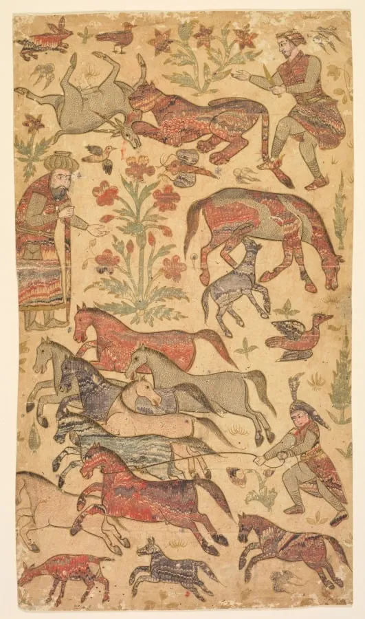 A marbled picture of Rustam catching Rakhsh, by Shafi, unspecified, 1650
