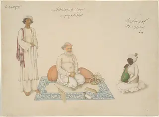 Shah Inayat Allah of Sind with his Musician Makkhu and his Attendant Shaykh Qiyam al-Din, page from the Fraser Album, by Unknown