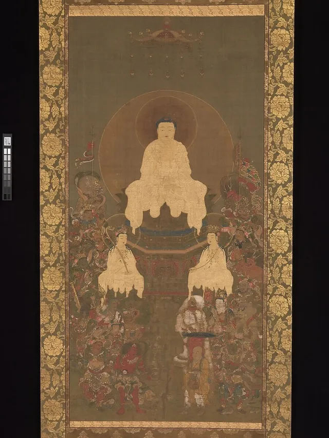 釈迦三尊十六善神像|Shaka (Shakyamuni), the Historical Buddha, with Two Attendant Bodhisattvas and Sixteen Benevolent Deities
