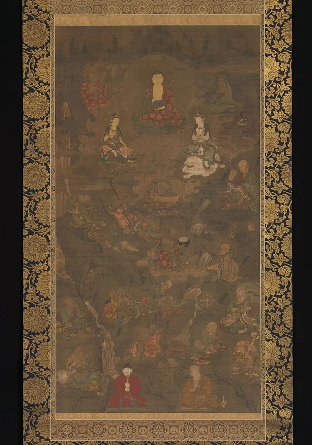 釈迦三尊十六羅漢像|Shaka (Shakyamuni), the Historical Buddha, with Two Attendant Bodhisattvas and Sixteen Arhats