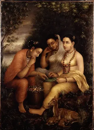 Shakuntala writing a love letter on a lotus leaf