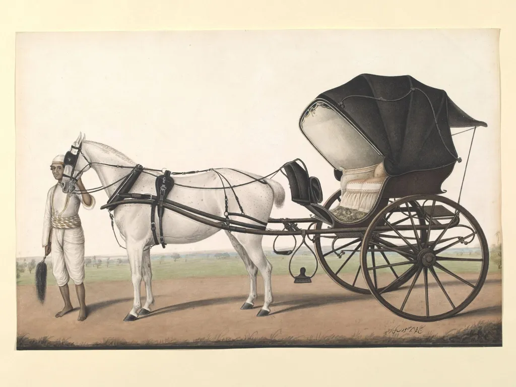 A groom with a horse and carriage, by Shaykh Muhammad Amir of Karraya, paint, 1845