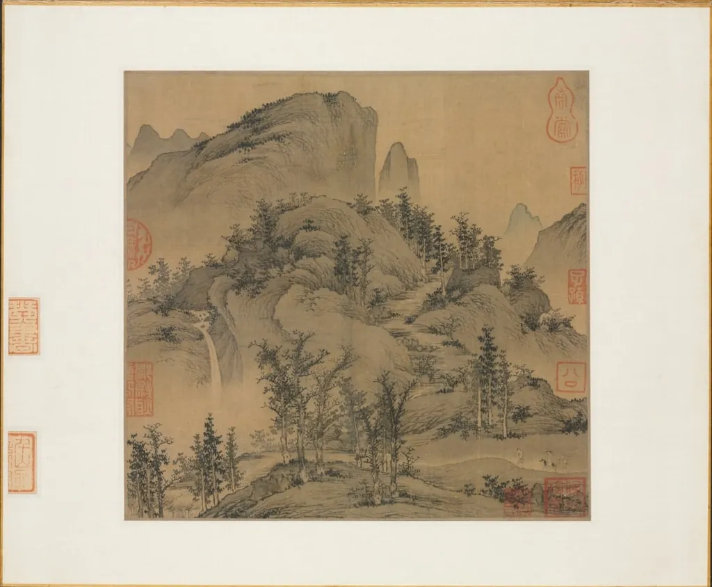 Travelers in Autumn Mountains, by Sheng Mao, unspecified, 1330