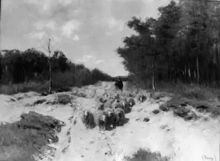 Shepherd and Sheep on a Woodland Road