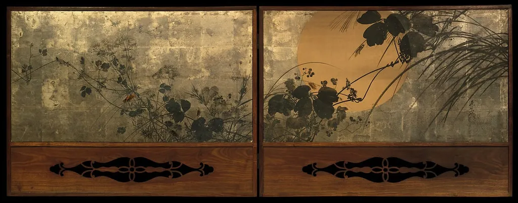 月に秋草図屏風|Autumn Grasses in Moonlight, by Shibata Zeshin, ink, 1874