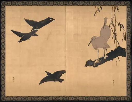 柴田是真筆　烏鷺図屏風|Egrets and Crows, by Shibata Zeshin, 1883
