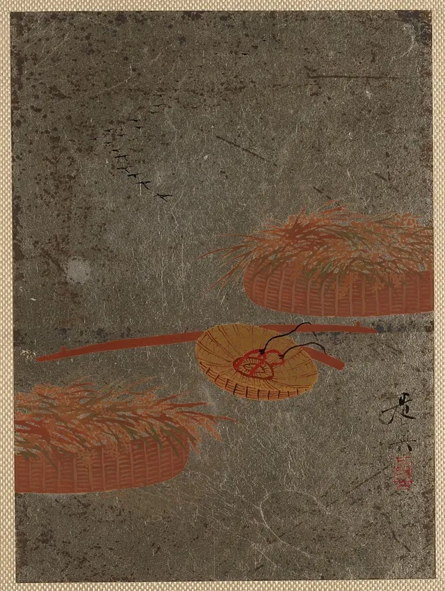 柴田是真筆籠・菅笠図|Flower Baskets and Farmer's Hat