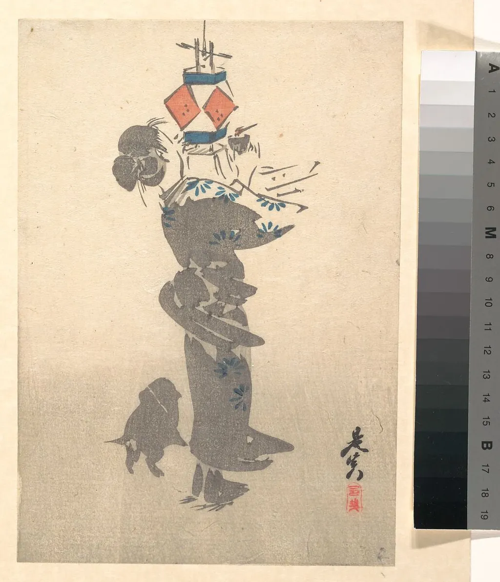 お盆燈籠の火付|Lighting a Hanging Lantern for the Obon Festival, by Shibata Zeshin, ink, 1860