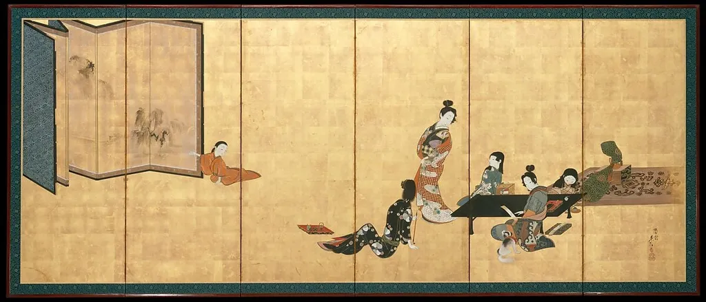 見立琴碁書画屏風|Parody of the Four Accomplishments, by Shibata Zeshin, ink, 1874