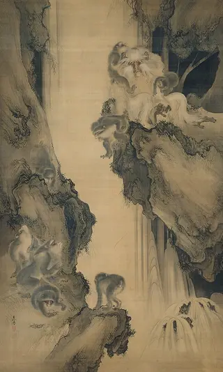 Waterfall and Monkeys, by Shibata Zeshin, 1872