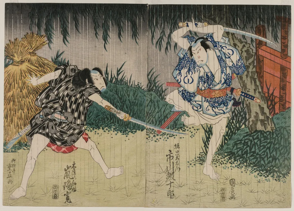 Arashi Rikan II as Kizu Kansuke; Ichikawa Ebijuro II as Horiguchi Manzaemon, by Shigenao, 1829