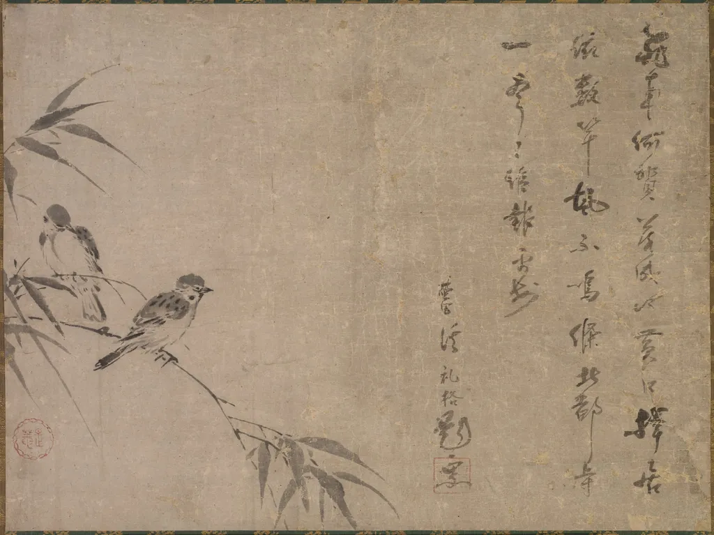 Sparrows and Bamboo, by Shiken Saidō, unspecified, 1504