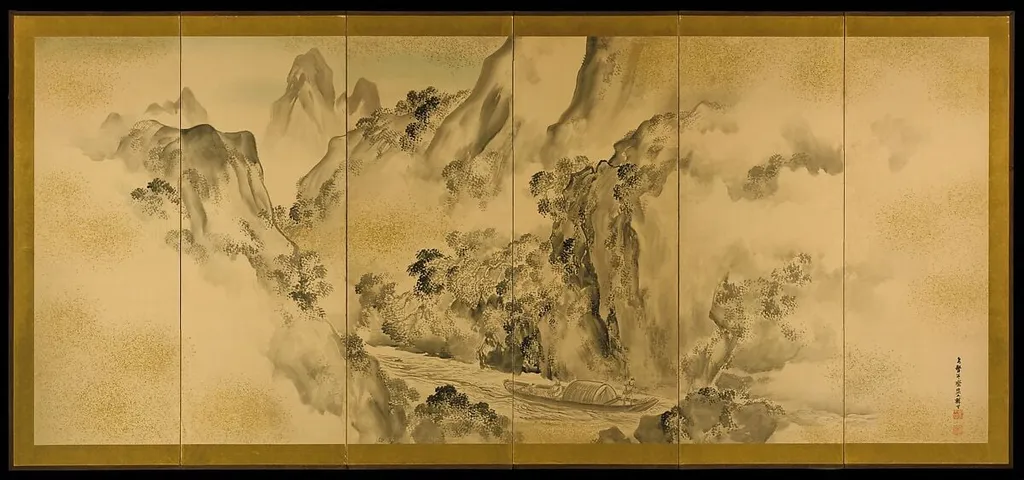 塩川文麟筆 登峨眉山図屏風|The Poet Li Bo's Visit to Mount Emei, by Shiokawa Bunrin, ink, 1875