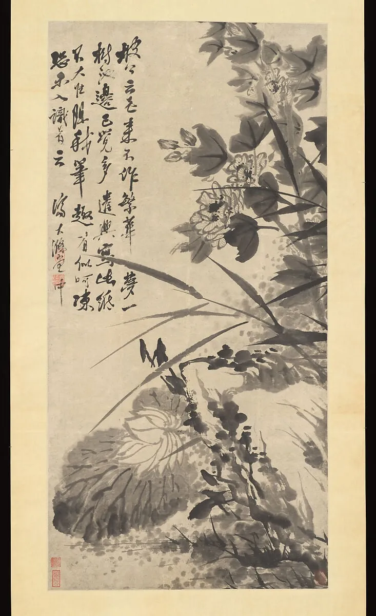 清 石濤 (朱若極) 花石圖 軸|Hibiscus, Lotus, and Rock, by Shitao, ink, 1706