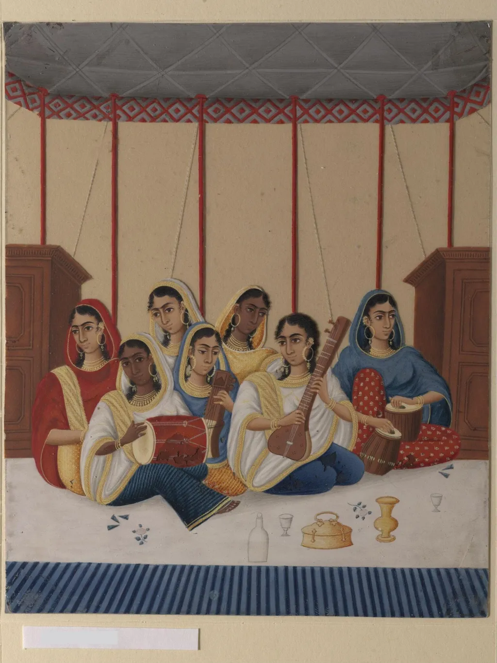 A group of seven female musicians seated under a canopy, by Shiva Lal, paint, 1865