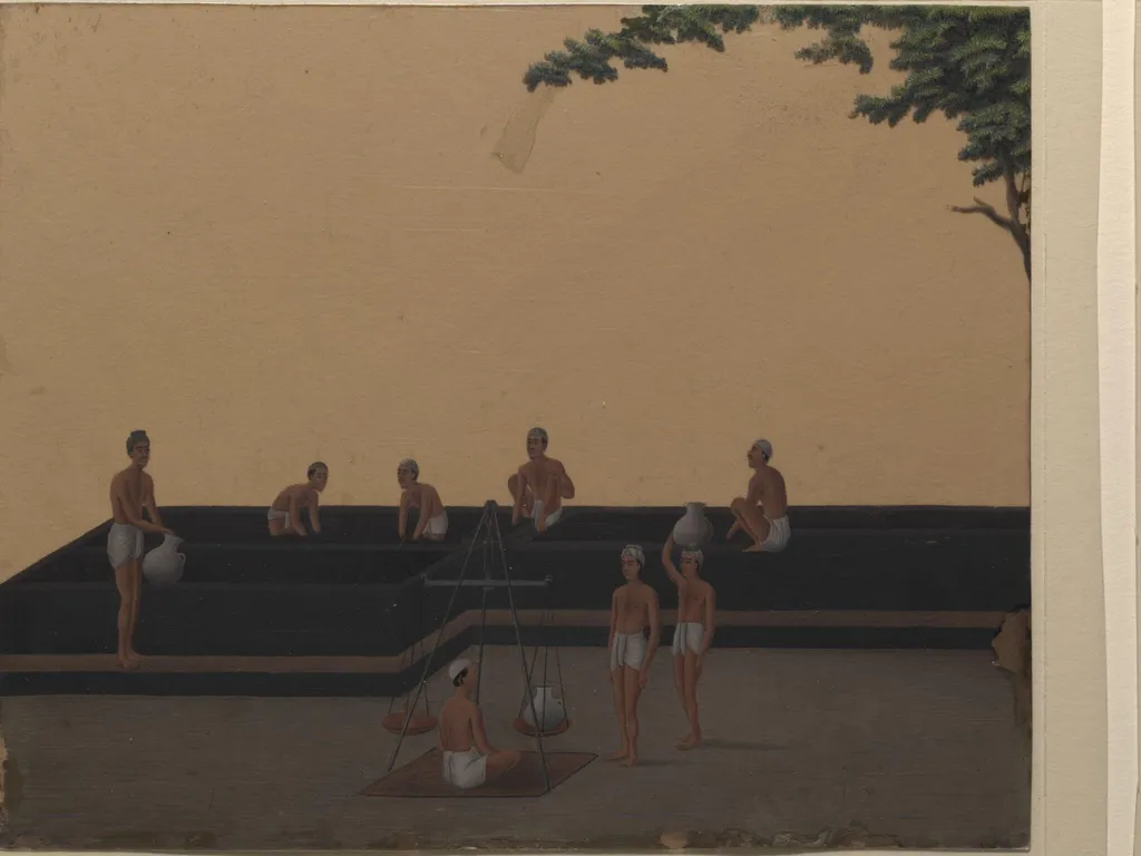 One of nineteen drawings illustrating processes in the manufacture of opium at the Opium Factory at Gulzarbagh, Patna, in Bihar., by Shiva Lal, paint, 1857