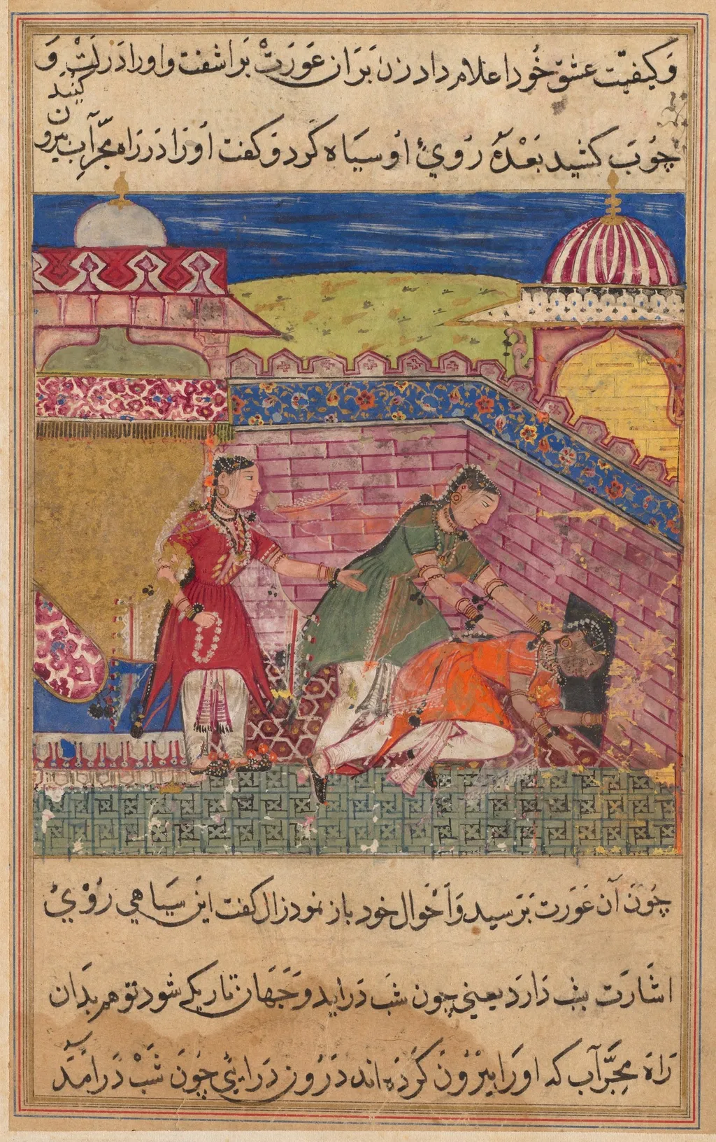 The deceitful wife ejects the procuress after blackening her face, from a Tuti-nama (Tales of a Parrot): Eighth Night, by Shravana, unspecified, 1560