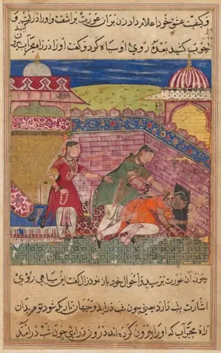 The deceitful wife ejects the procuress after blackening her face, from a Tuti-nama (Tales of a Parrot): Eighth Night, by Shravana