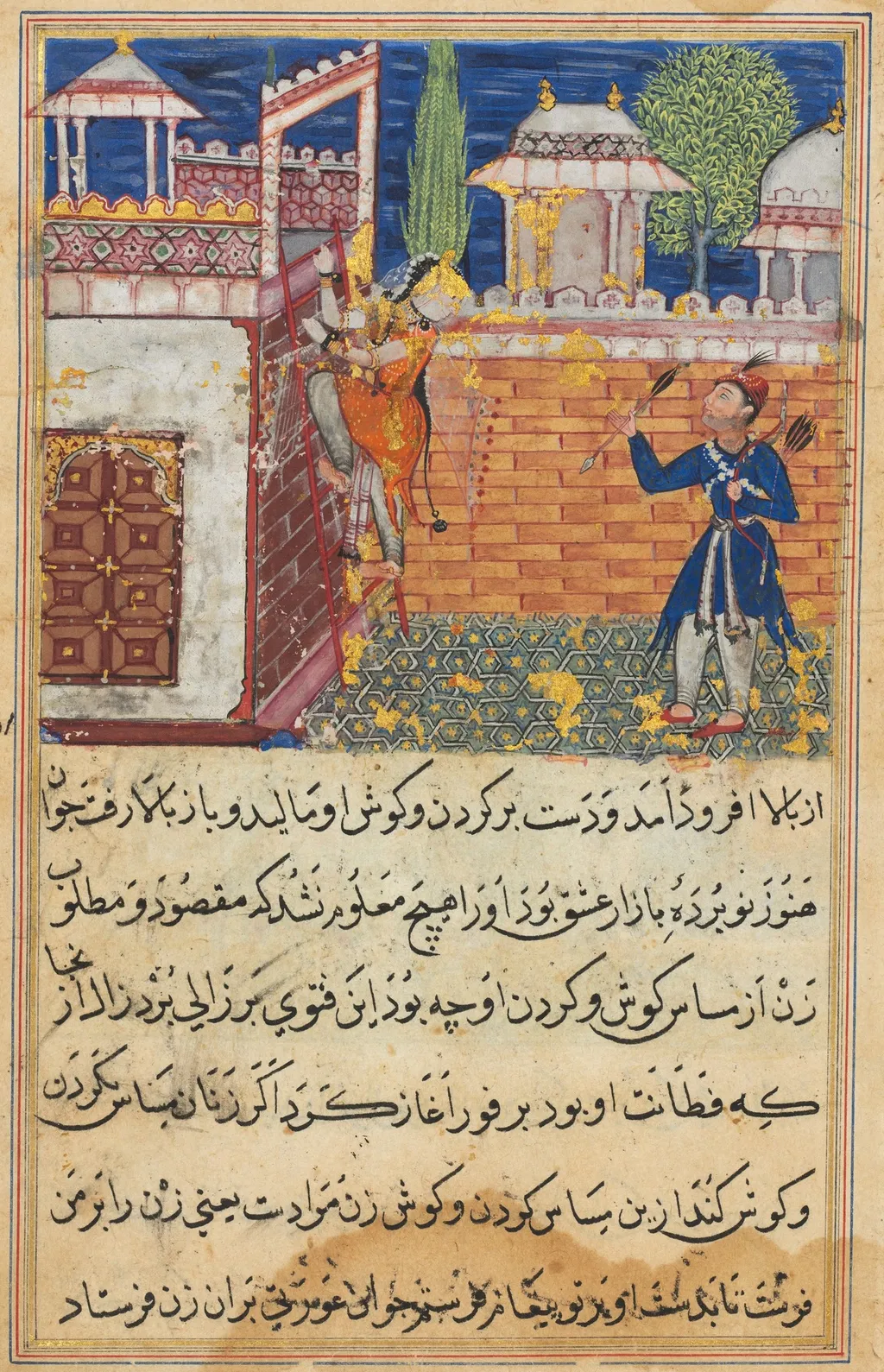 The deceitful wife returns to her terrace after caressing her lover, from a Tuti-nama (Tales of a Parrot): Eighth Night, by Shravana, unspecified, 1560