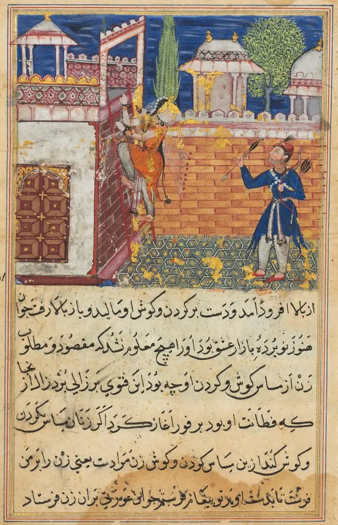 The deceitful wife returns to her terrace after caressing her lover, from a Tuti-nama (Tales of a Parrot): Eighth Night, by Shravana